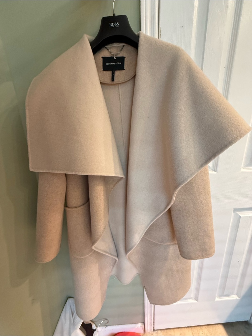 BCBGMaxAzria Cream Wool-Blend Draped Open Front Sweater Coat